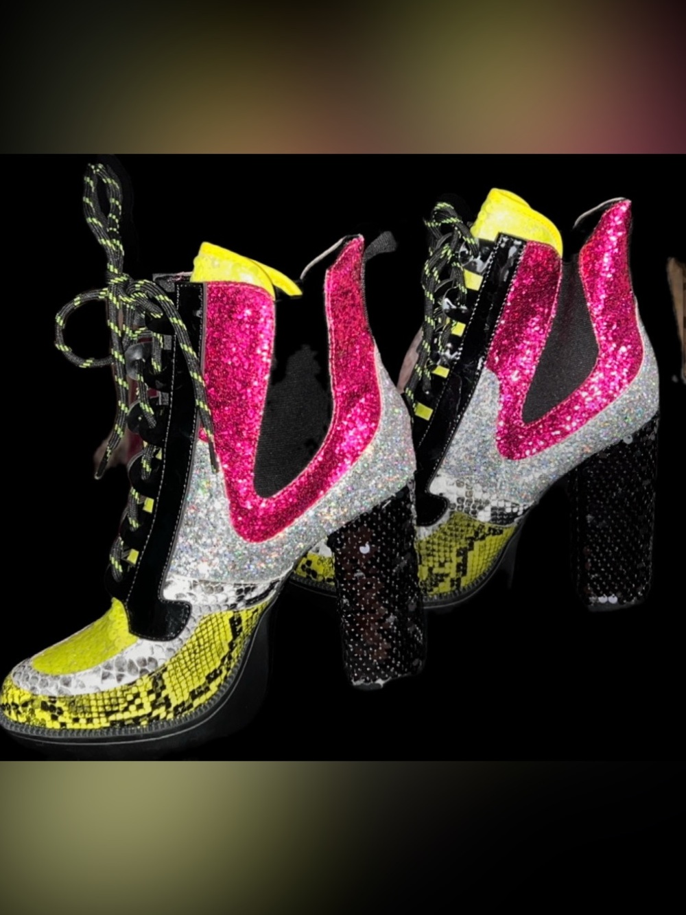FUN Mixed-Media 5" Platform Heel Booties - Pink & Yellow RAVE SEQUENCE LOUD 8